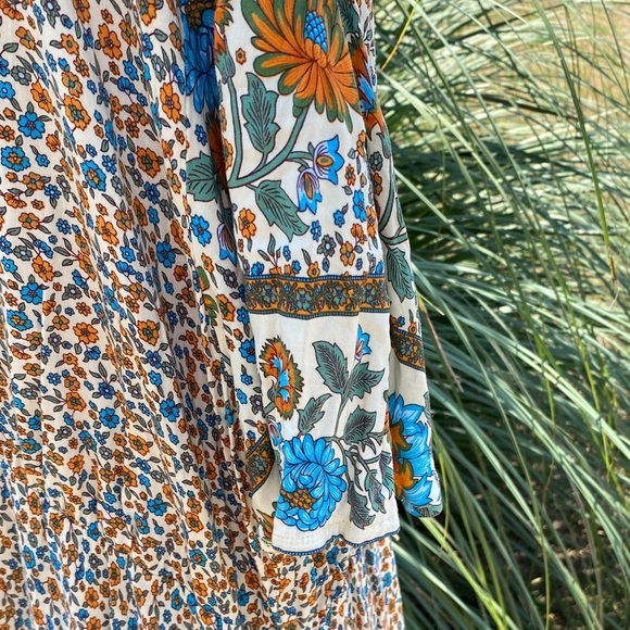 Women's Floral Bohemian Ruffle Size 26 Maxi Dress in Festive Orange and Blue - Picture 6 of 10
